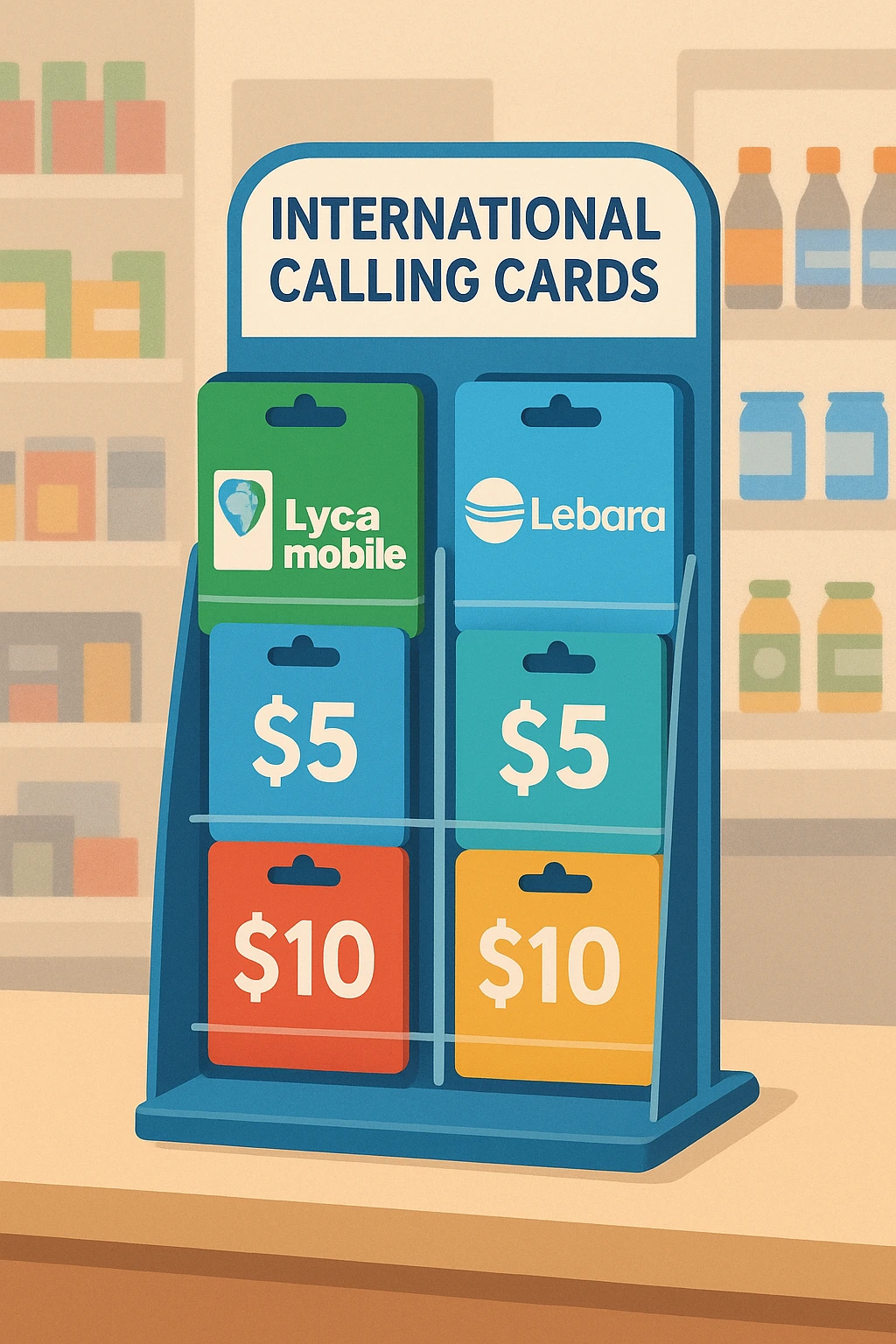 International calling card display at retail counter